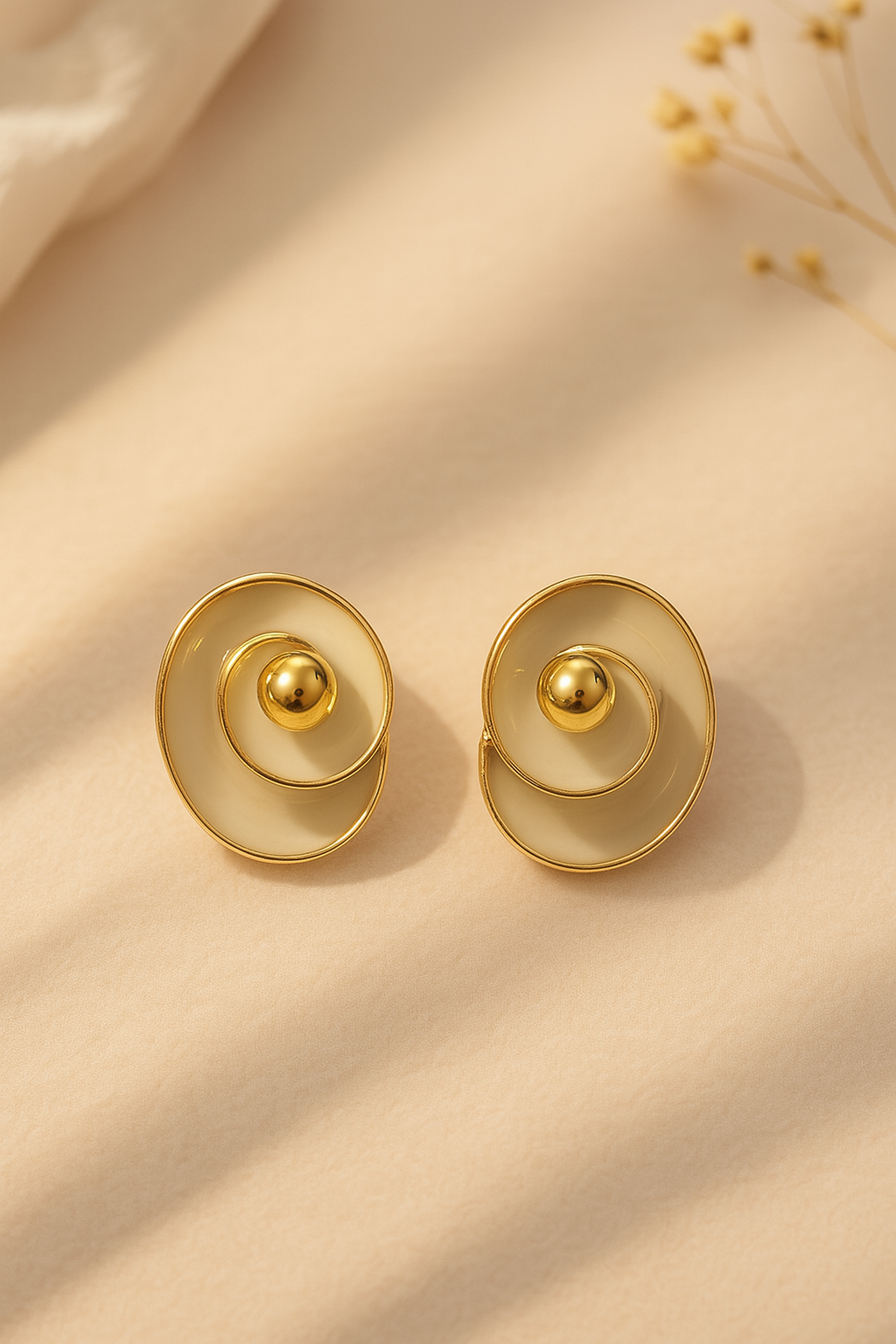 Elegant Cream Enamel Gold Tone Spiral Stud Earrings