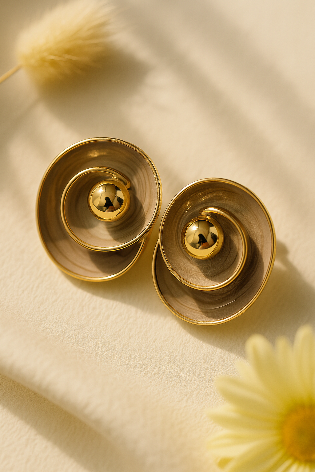 Elegant Taupe Enamel Gold Tone Spiral Stud Earrings