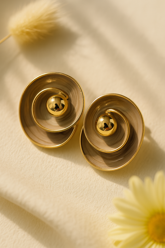 Elegant Taupe Enamel Gold Tone Spiral Stud Earrings