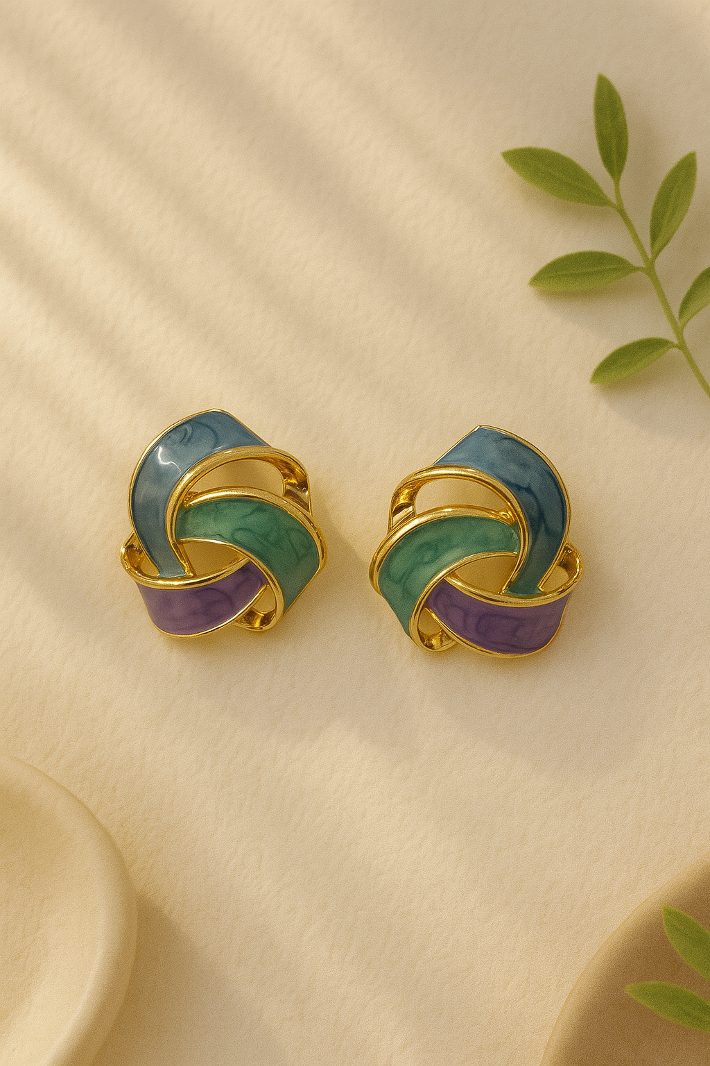 Gold-tone enamel knot earrings in blue, green, and lavender – elegant anti-tarnish stud jewelry for women