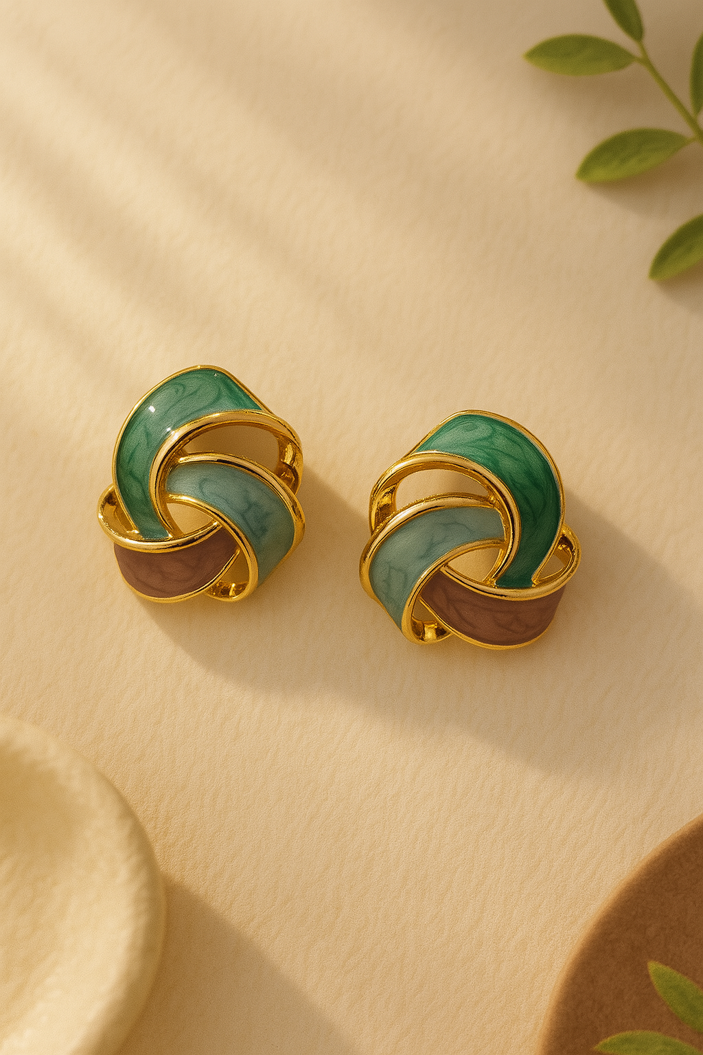 Elegant abstract knot earrings with forest green, dusty blue, and terracotta enamel – gold-plated anti-tarnish studs for women