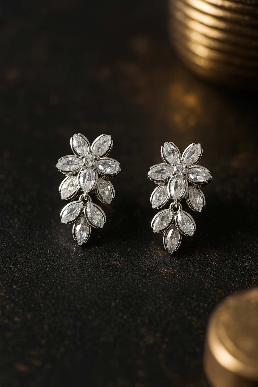 Elegant anti-tarnish stud earrings in flower shape with clear zircon detailing – timeless party wear accessory.