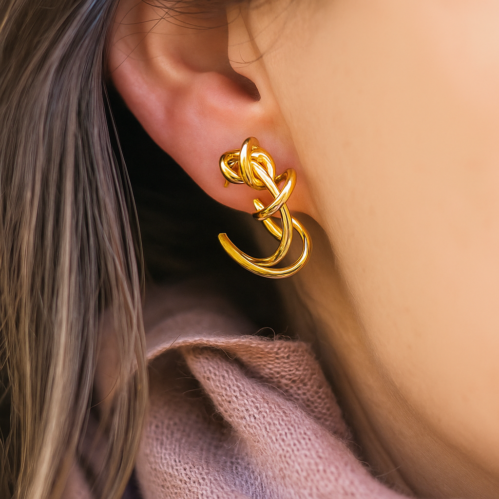 Elegant designer gold earrings with artistic knot-style form and anti-tarnish coating
