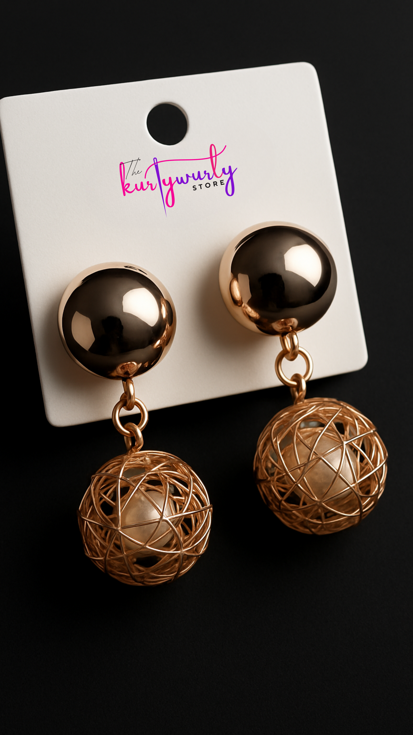 Elegant gold mesh ball earring with pearl center – modern designer drop earring for women
