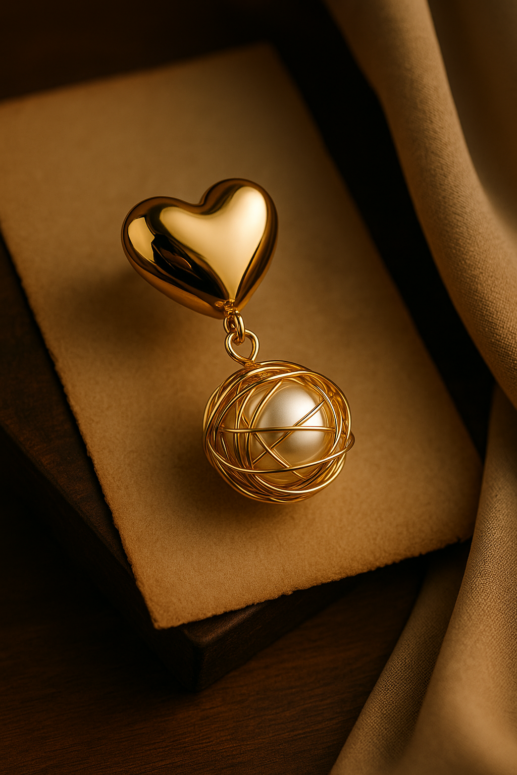 Elegant golden heart and pearl cage drop earrings – designer dangle earrings for parties and events
