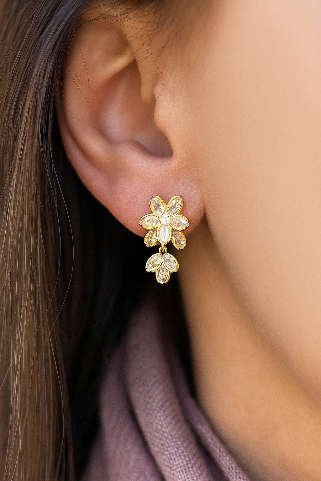 Elegant petal-shaped anti-tarnish stud earrings with sparkling stones – timeless ethnic jewelry for women.