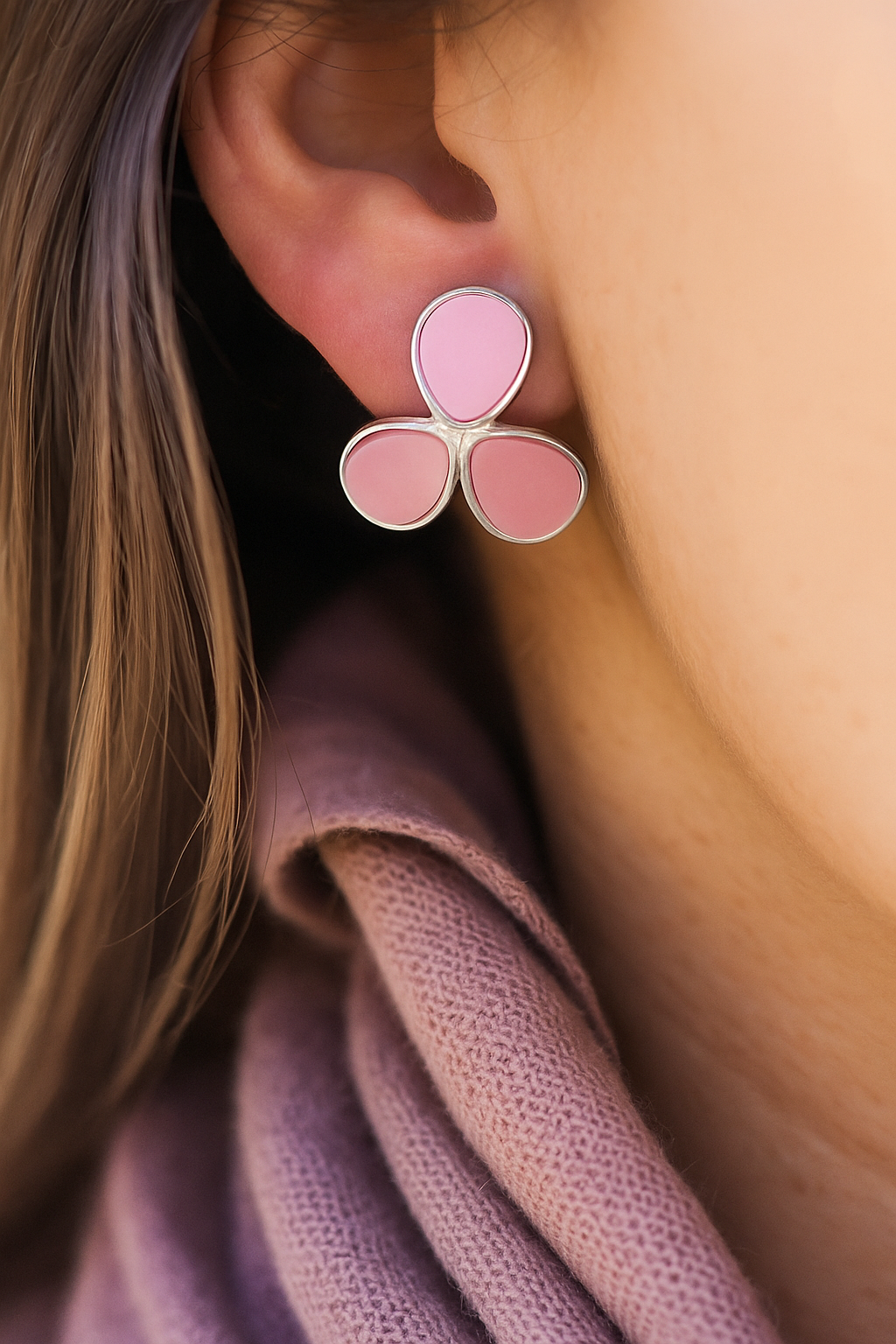 Elegant pink drop stud earrings with anti-tarnish coating and modern floral design