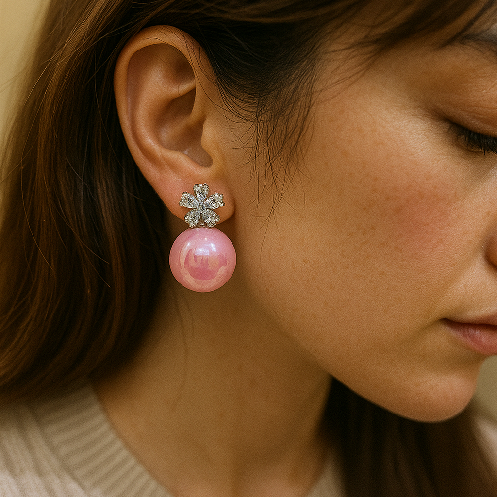 Elegant pink pearl earrings featuring sparkling cubic zirconia flower tops and anti-rust finish