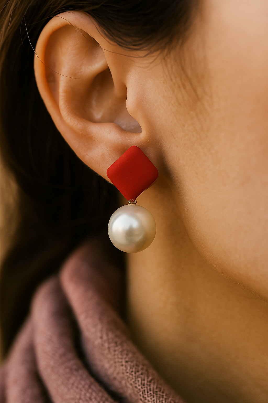 Elegant red square stud earrings with classic pearl drops – handcrafted statement jewelry for women