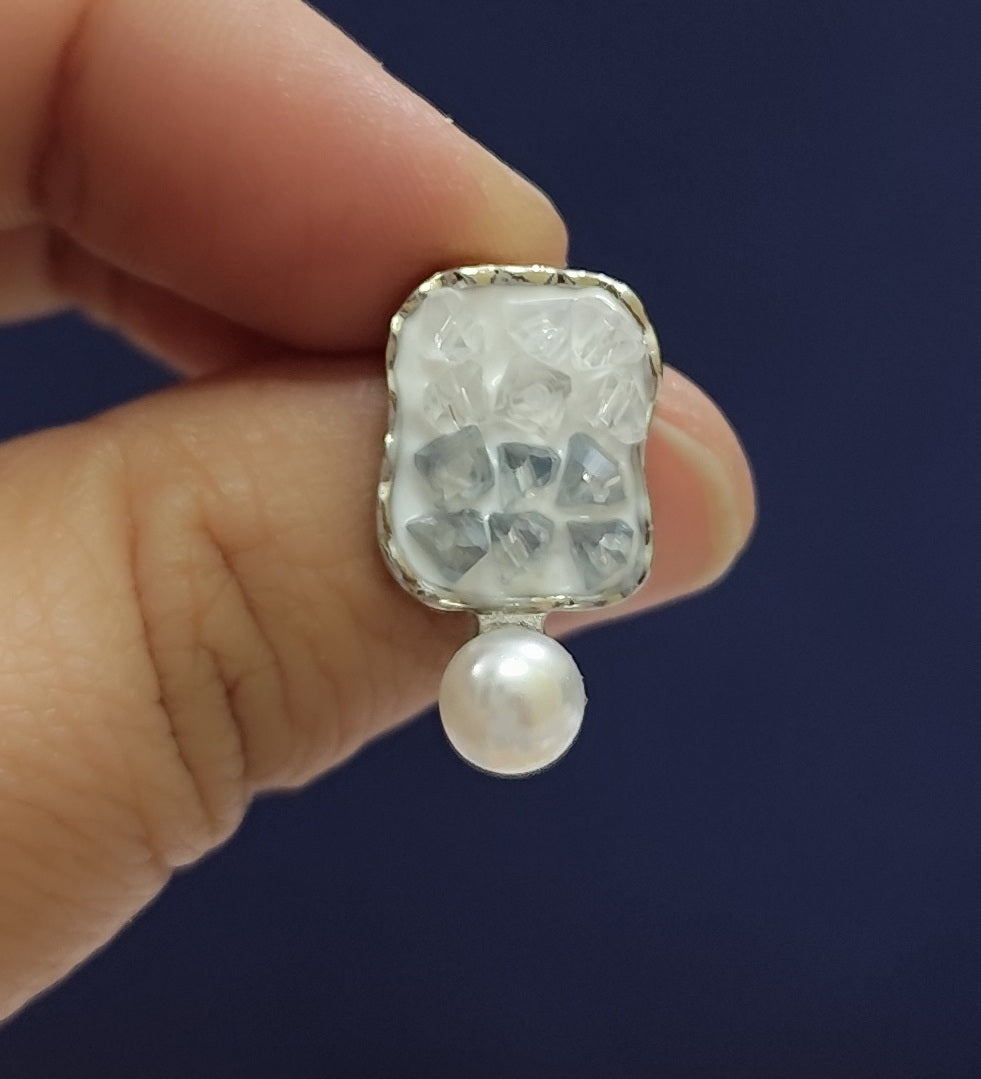 Elegant square stud earrings with textured white stone and pearl drop – statement earrings for women