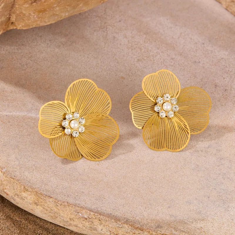 Elegant stainless steel floral earrings with crystal and pearl detailing – vintage-inspired gold studs
