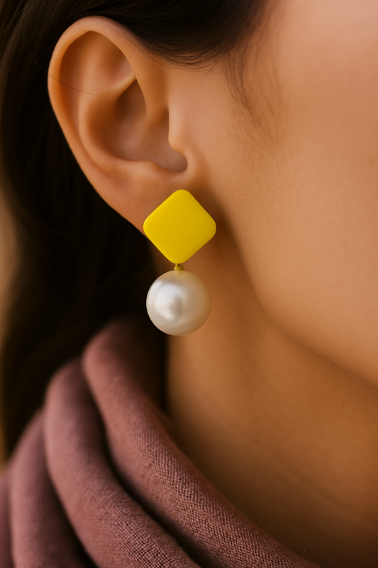 Geometric yellow clay earrings with pearl drop – lightweight statement earrings for women