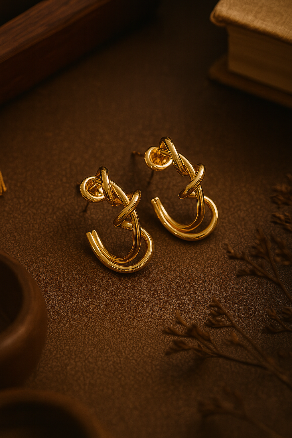 Gold-plated anti-tarnish hoop earrings with unique twisted knot design for women