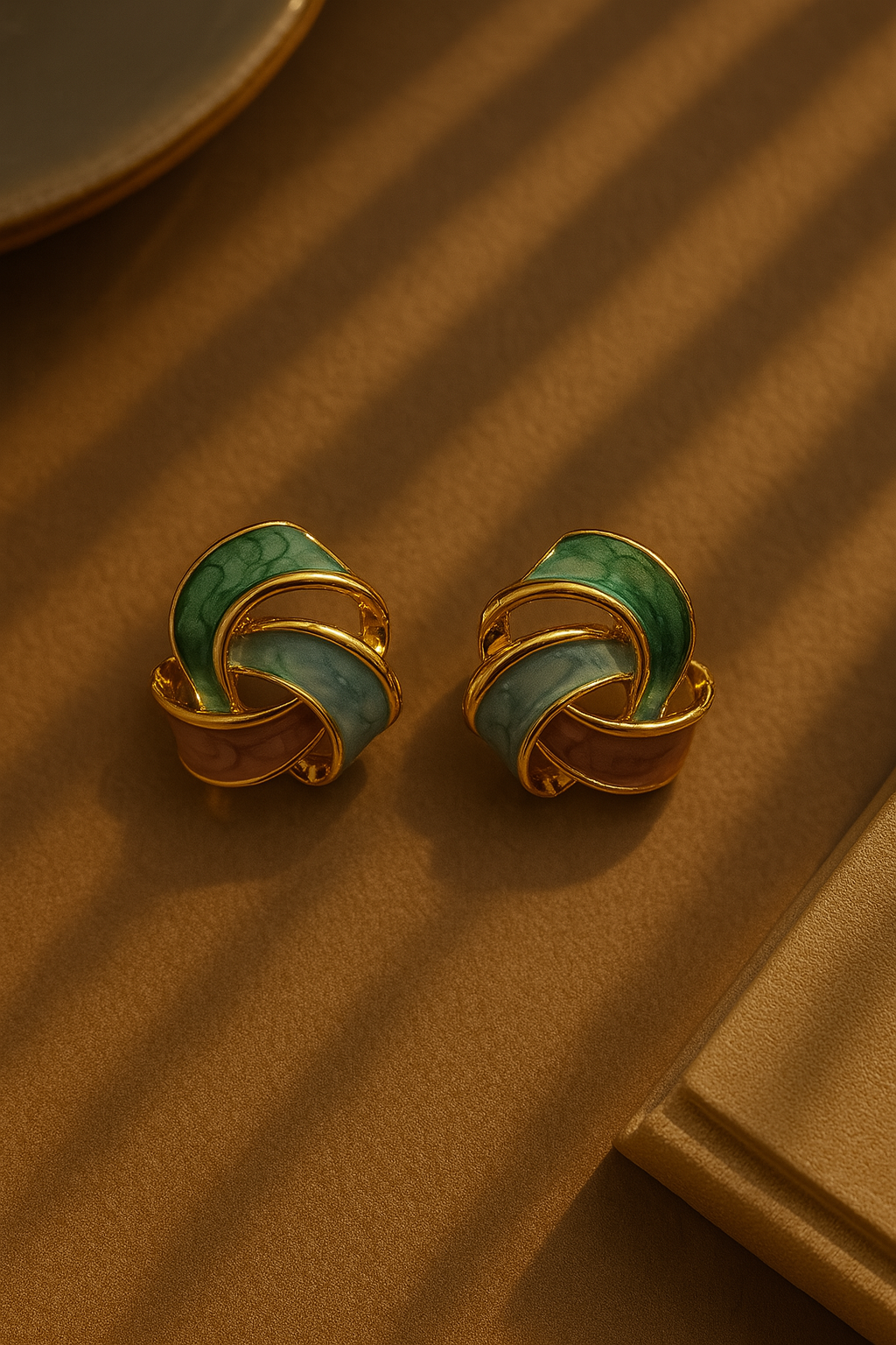 Chic gold-trimmed enamel knot earrings featuring forest-inspired hues – perfect for festive, office, or casual wear
