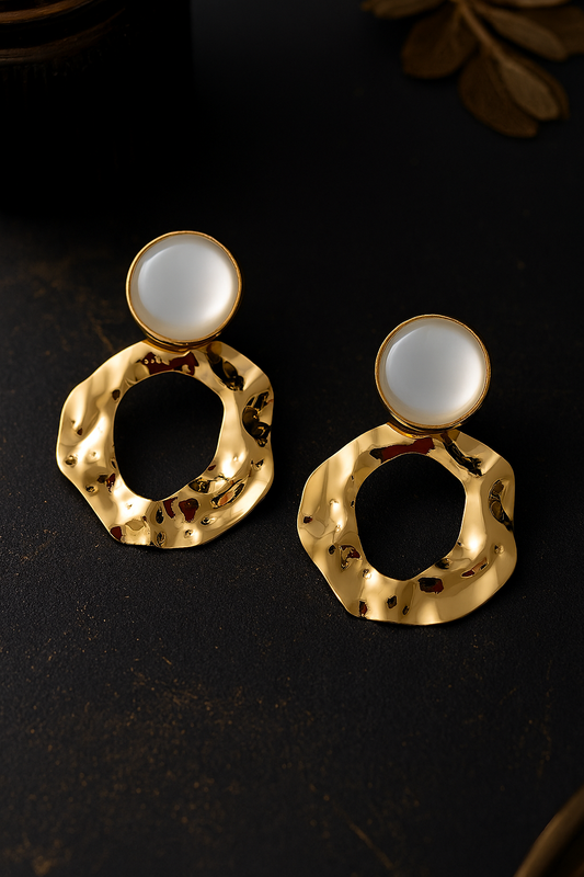 Hammered gold irregular hoop earrings with white enamel or pearl stud top, modern statement jewelry