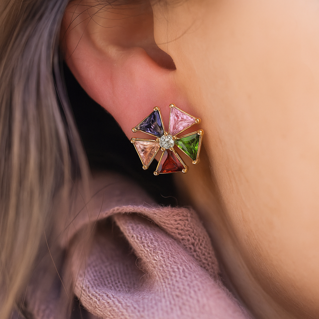 Handcrafted anti-tarnish gold-plated earrings with multicolored triangle stones – perfect for festive wear