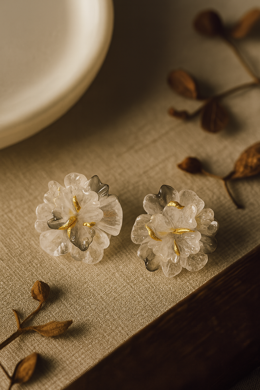 Handmade black and transparent resin ice flower stud earrings – elegant floral statement jewelry for women