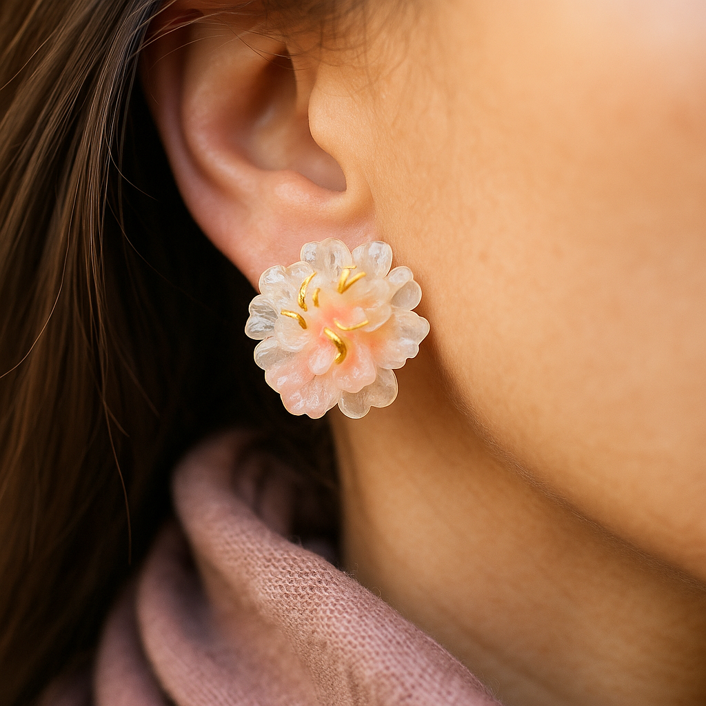 Handmade pink and transparent resin ice flower earrings – delicate floral studs with golden detailing