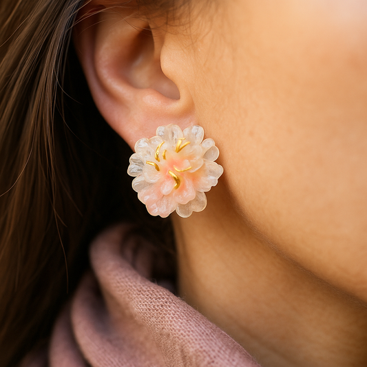 Handmade pink and transparent resin ice flower earrings – delicate floral studs with golden detailing