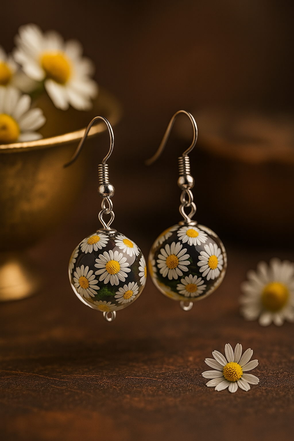Handmade resin earrings with real daisy flowers and deep blue background in round drop design