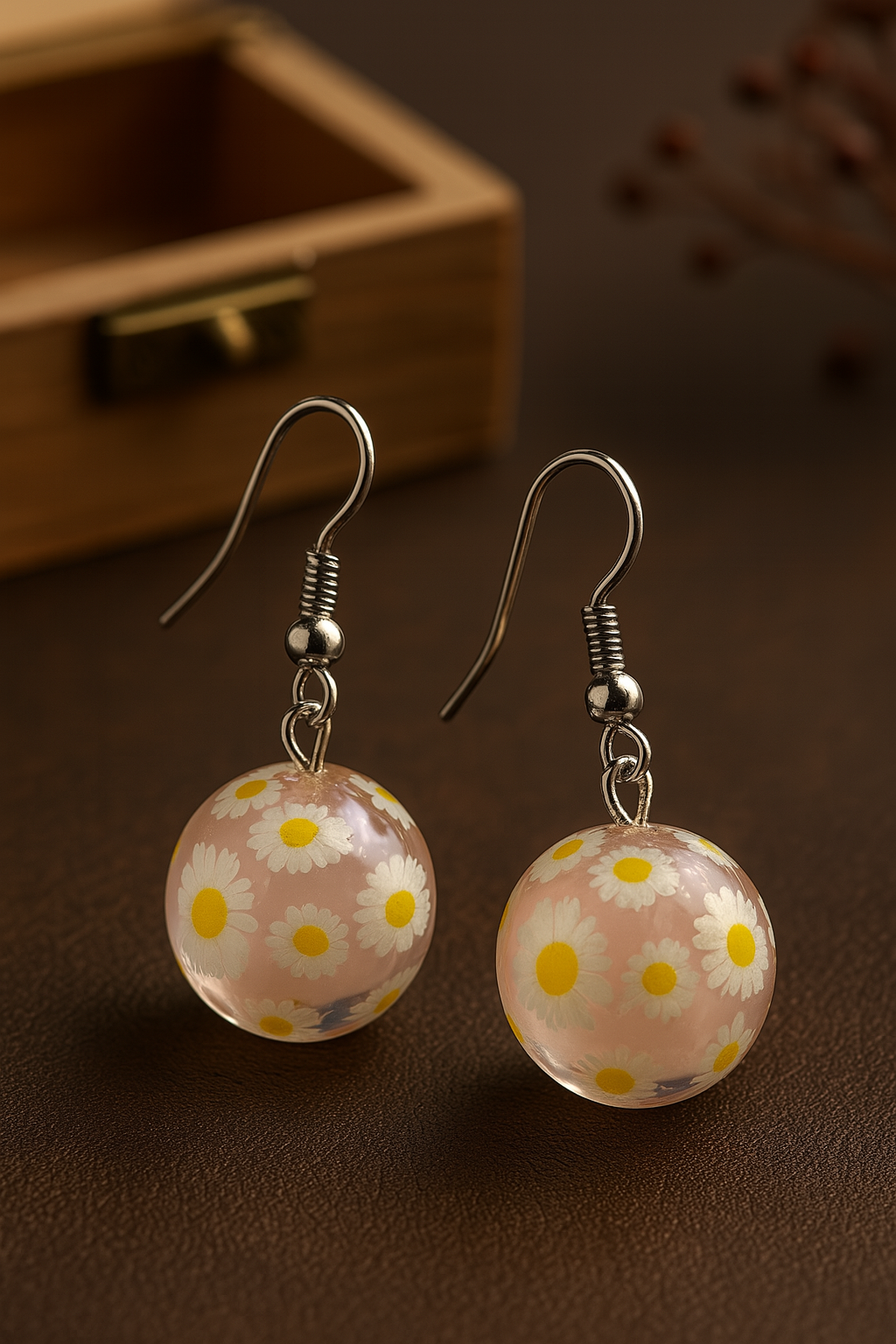 Handmade resin earrings with real daisy flowers in clear pink domes for boho style