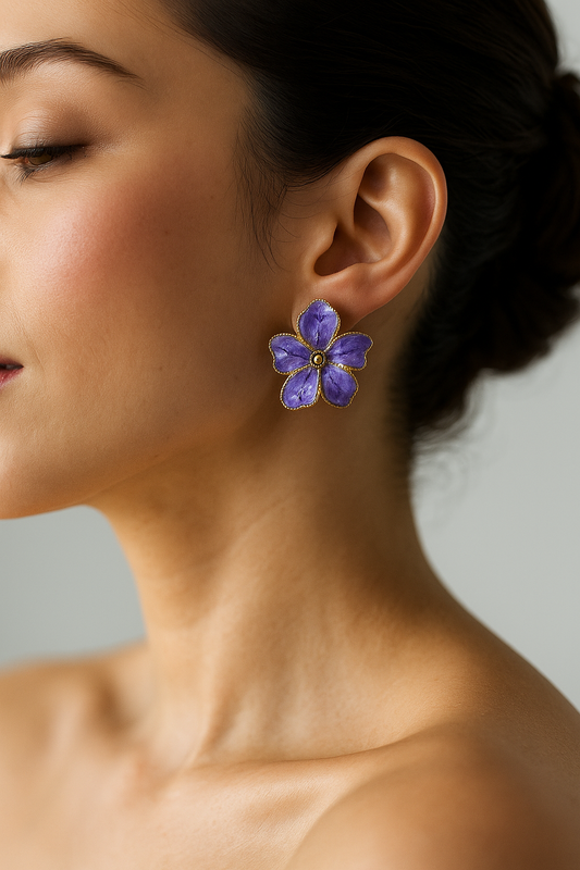 Handmade violet Meenakari floral earrings – five petal enamel studs with ethnic charm