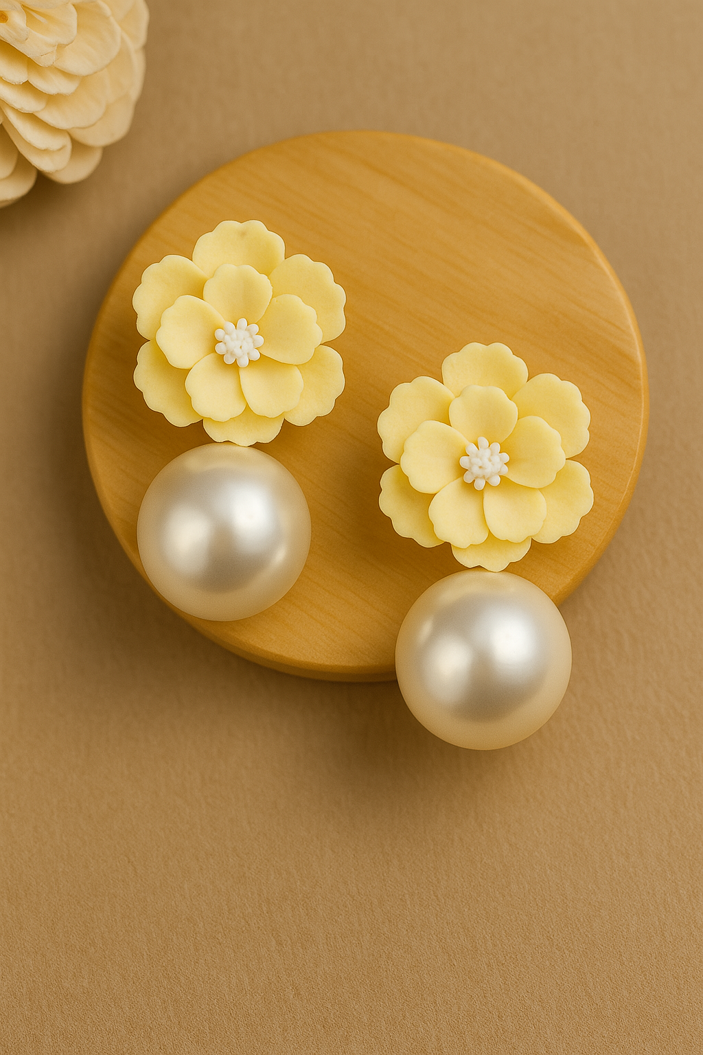 Handmade yellow floral polymer clay earrings with pearl drops – lightweight statement jewelry for women