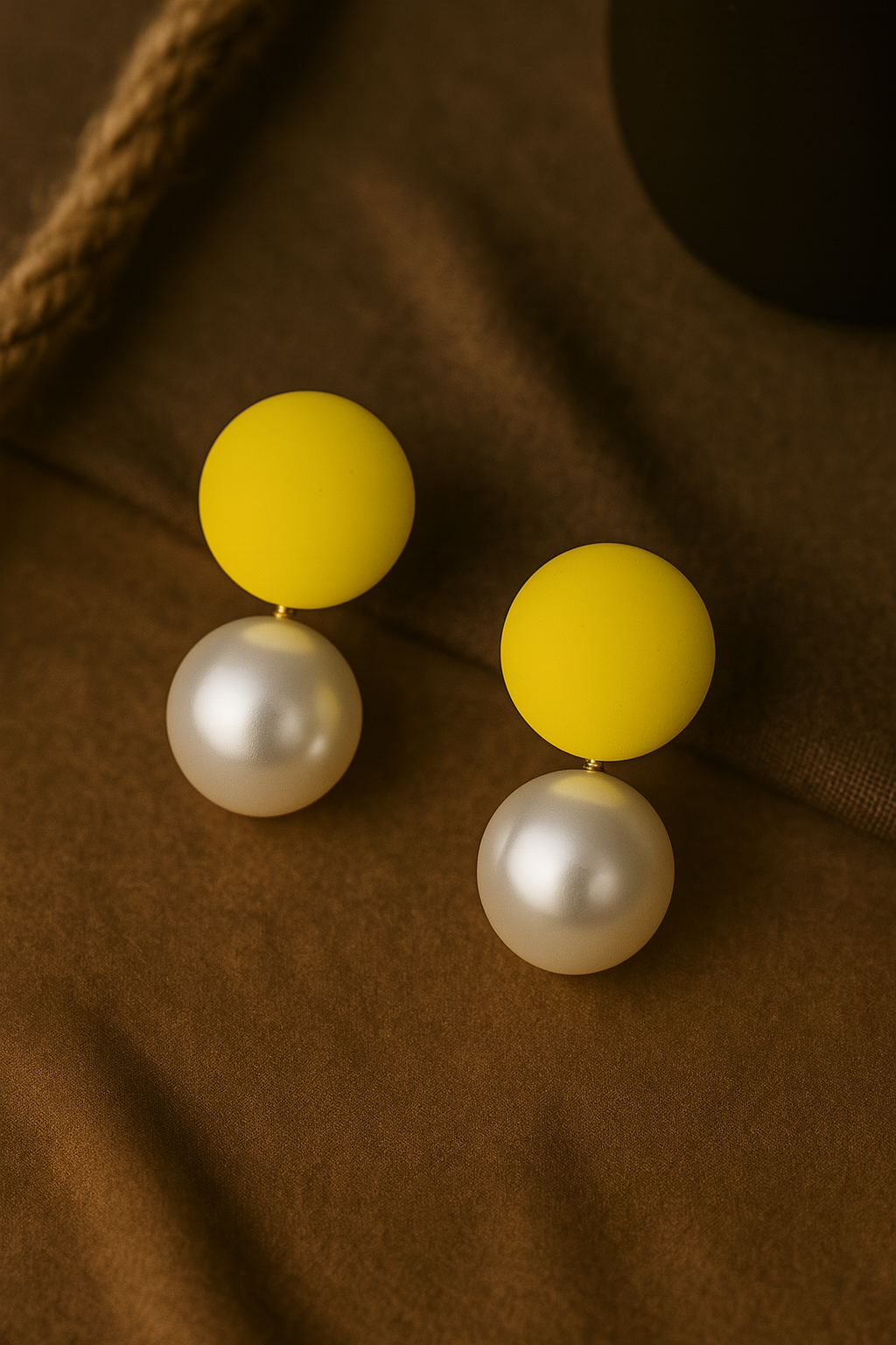 Handmade yellow stud pearl drop earrings – bold polymer clay earrings for women