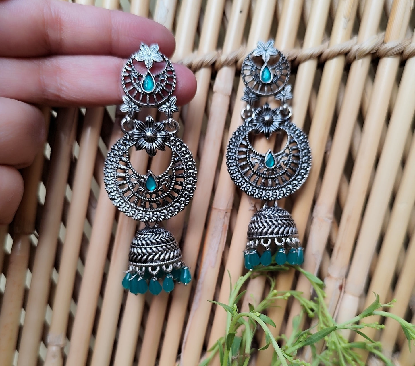 Elegant Pastel Dark Green Gemstone Oxidized Silver-Tone Jhumka Earrings