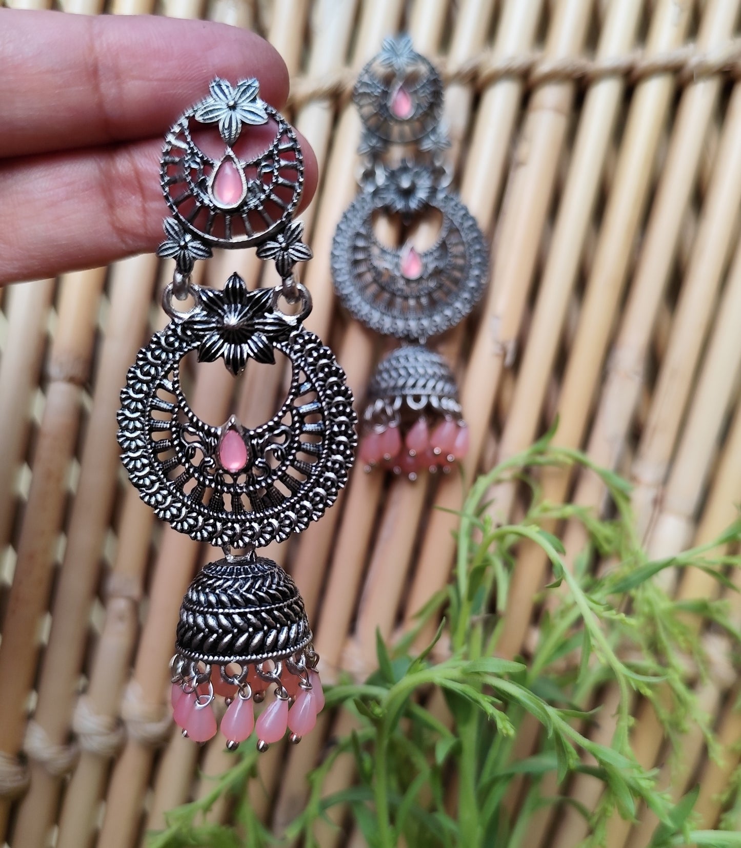 Radiant Pastel Pink Gemstone Oxidized Silver-Tone Jhumka Earrings