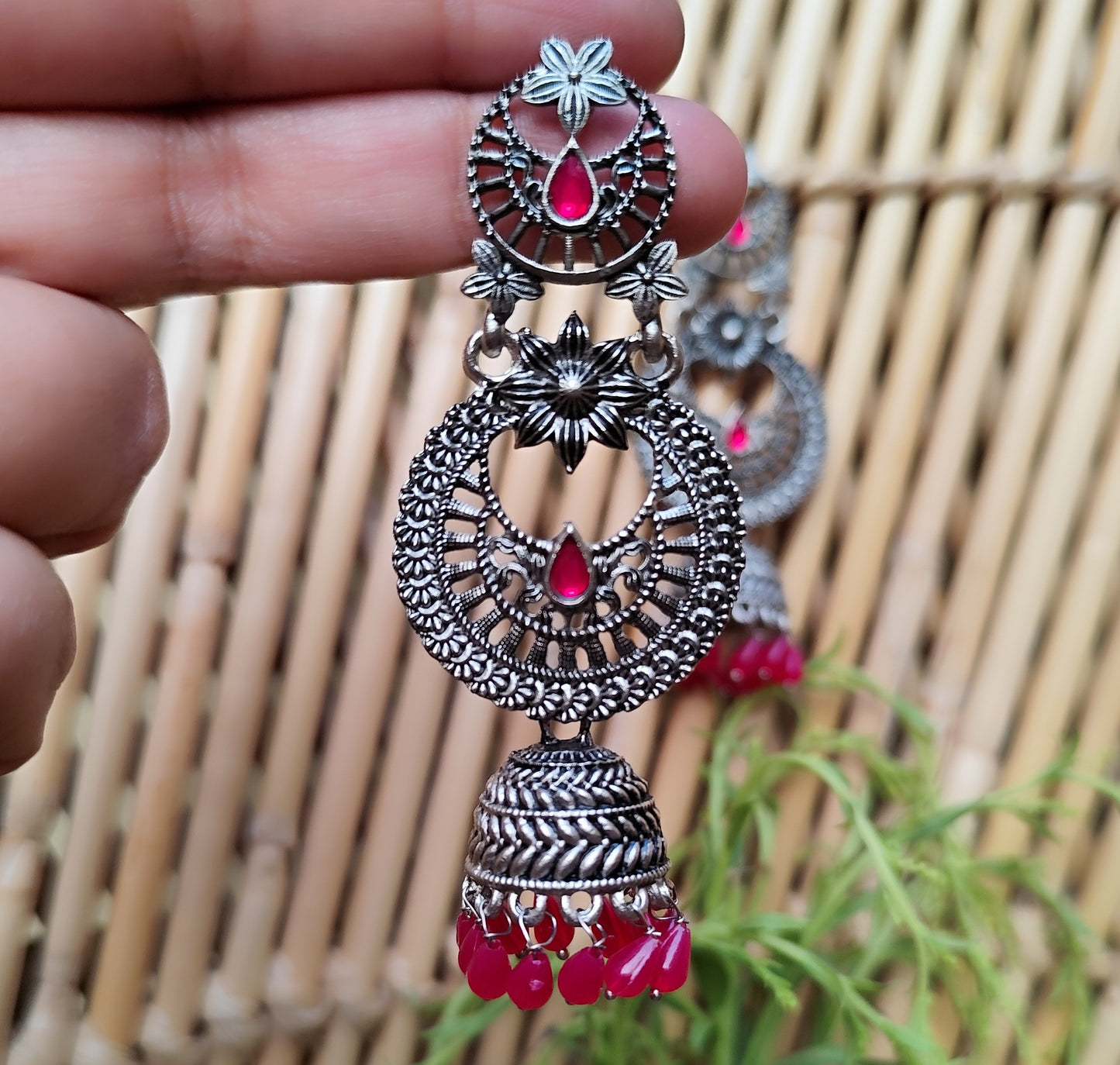 Elegant Pastel Dark Pink Gemstone Oxidized Silver-Tone Jhumka Earrings