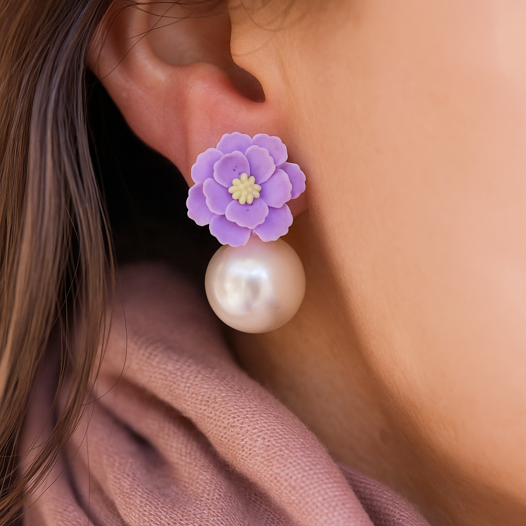Lavender handmade polymer clay earrings with pearl drops – floral statement dangles for women