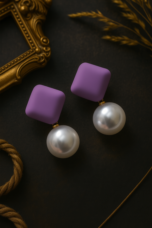 Lavender square stud pearl drop earrings – handcrafted polymer clay statement jewelry for women