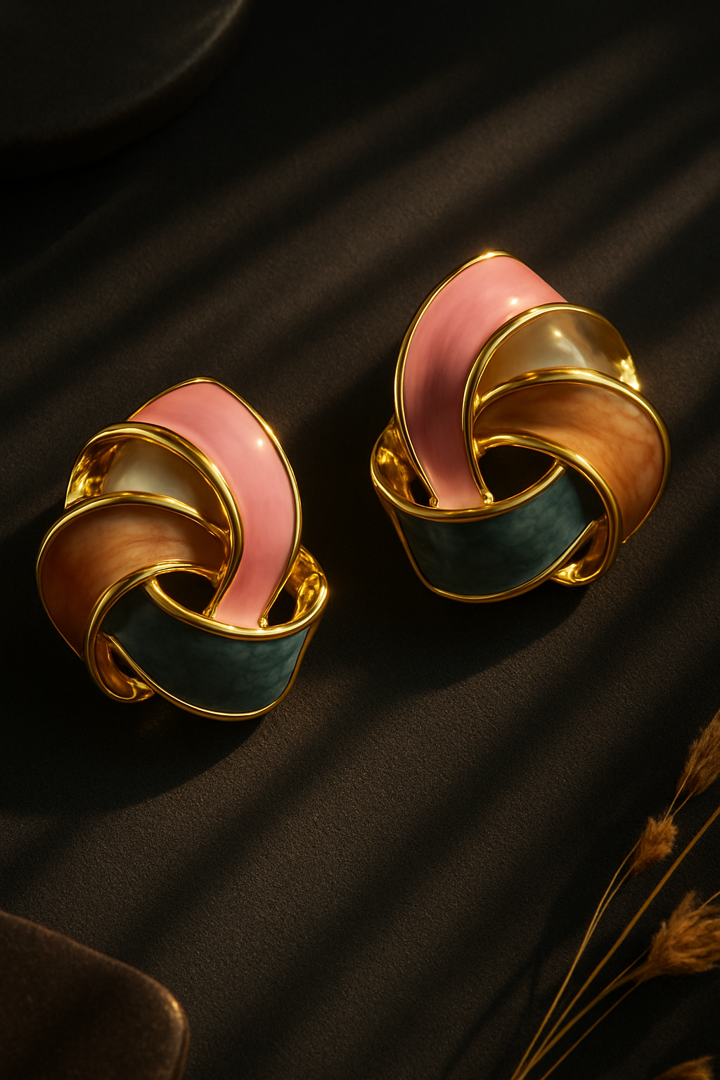 Gold-tone enamel knot earrings with blush pink, mocha brown, and teal detailing – luxurious anti-tarnish studs for women.