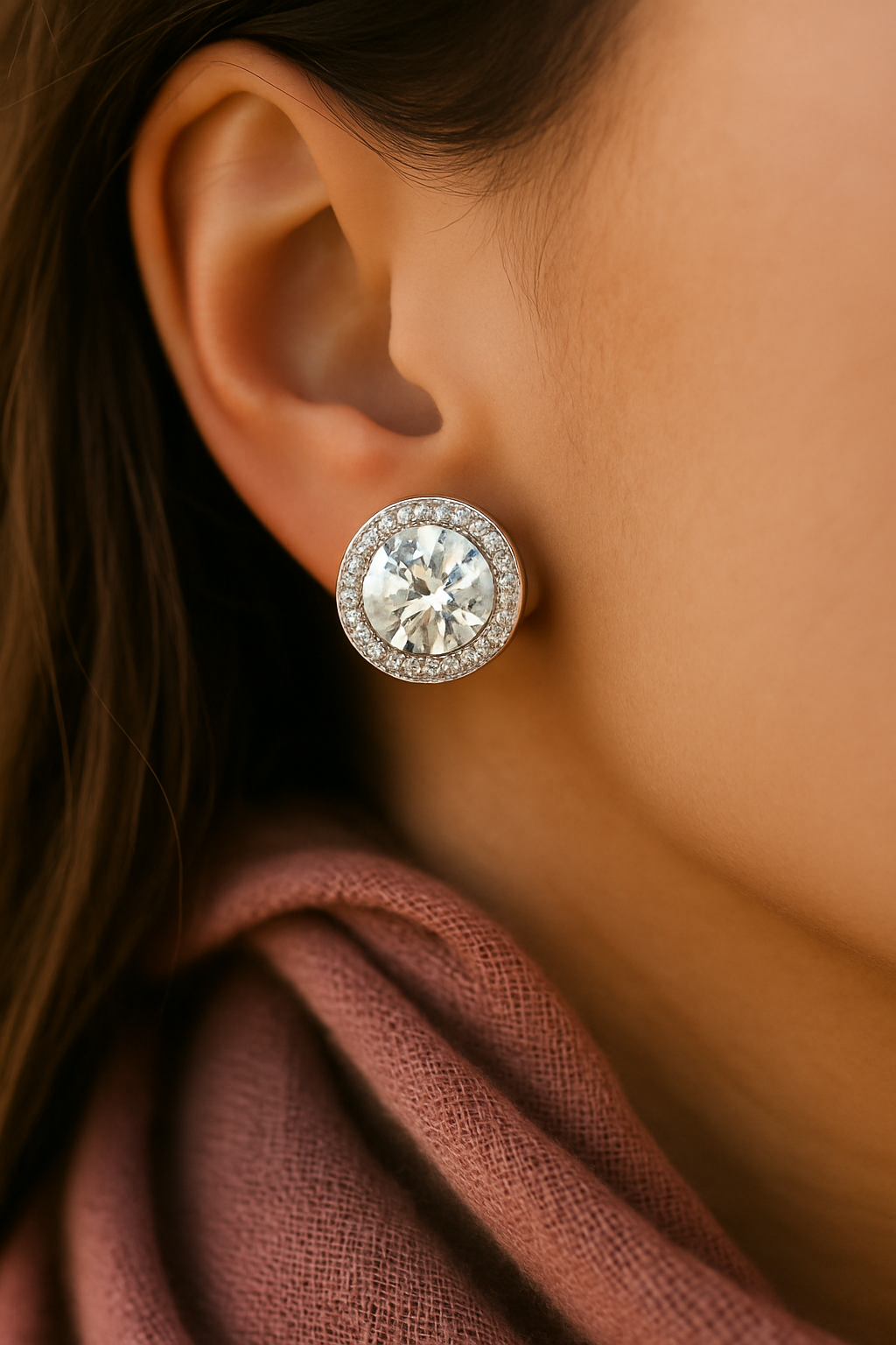 Luxury anti-tarnish crystal earrings featuring a radiant-cut centerpiece and sparkling stone border – ideal for gifting