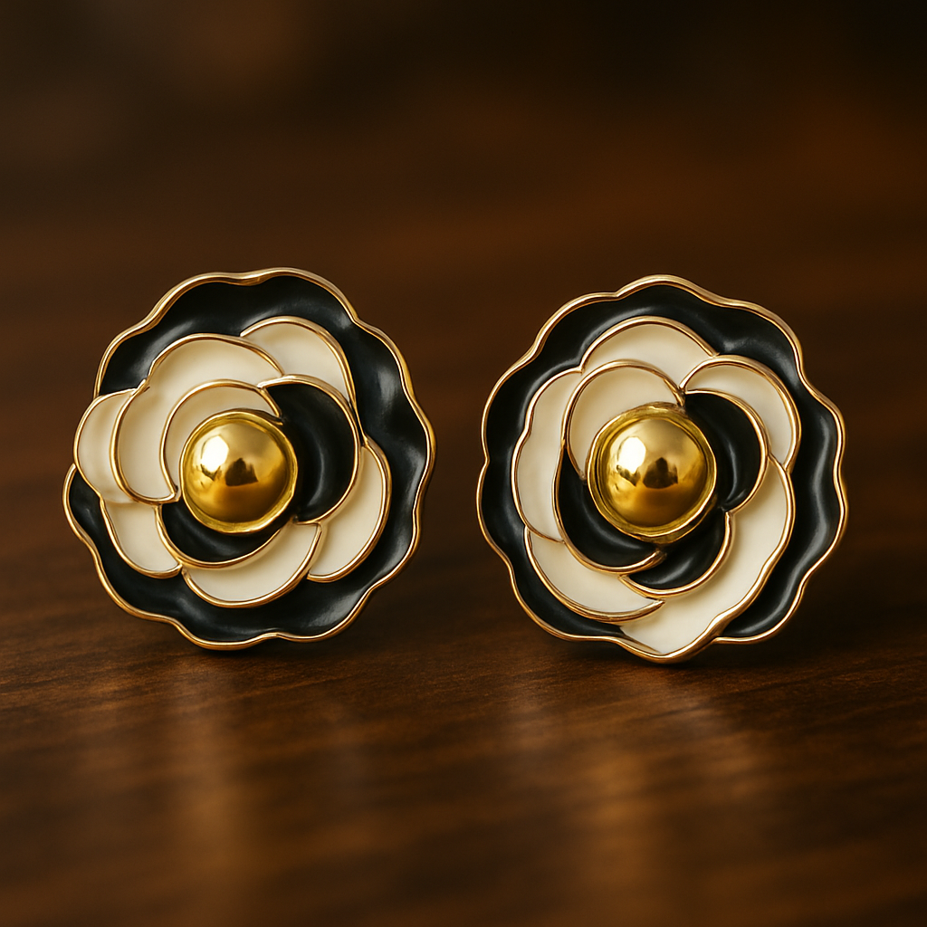 Luxury black and cream flower earrings with gold finish – trendy and eye-catching accessory for festive wear