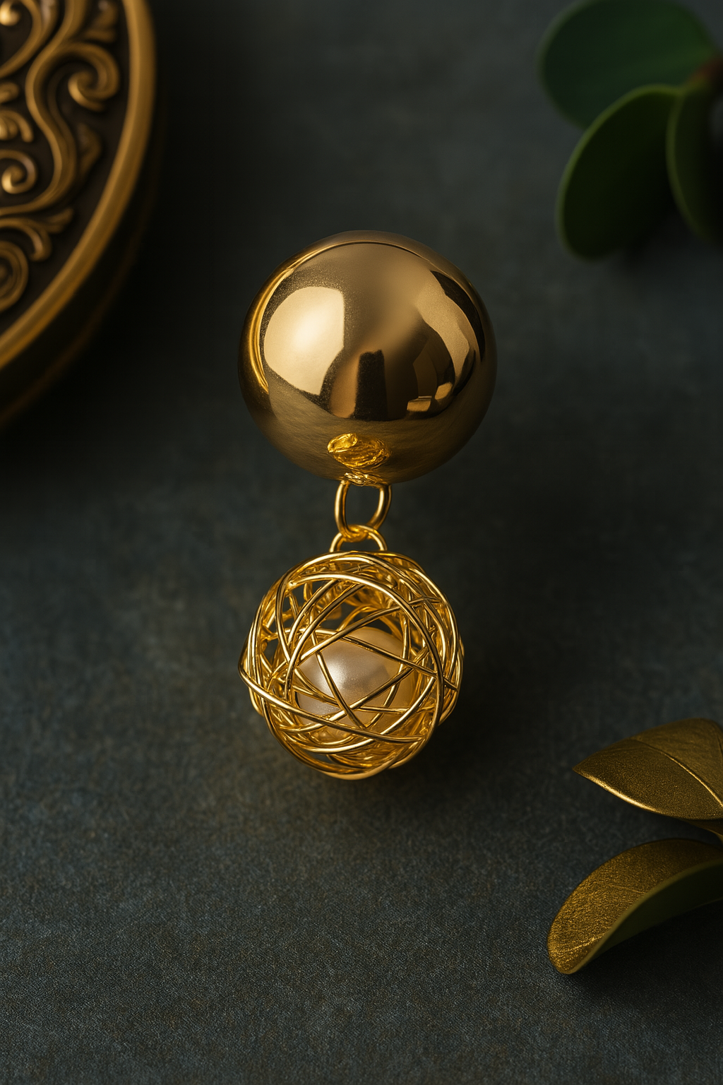 Luxury gold tone spherical earring with wire wrap design – stylish statement accessory for festive and party wear