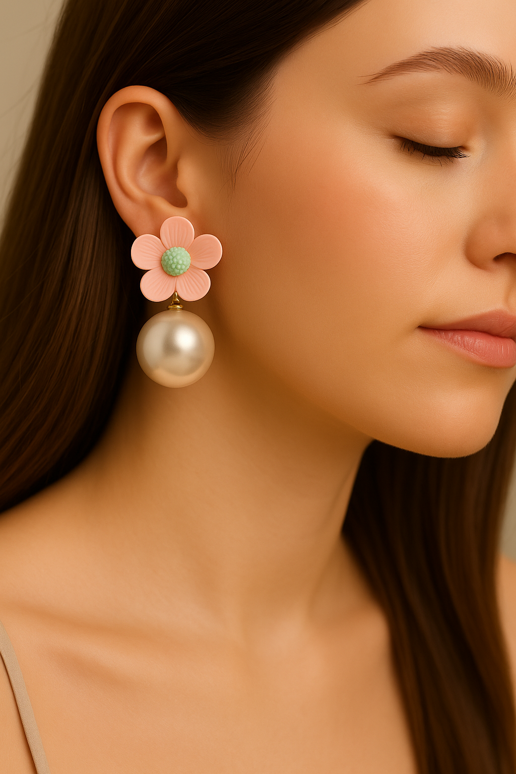Pastel pink flower drop earrings with mint green center and white pearl, whimsical floral jewelry for women