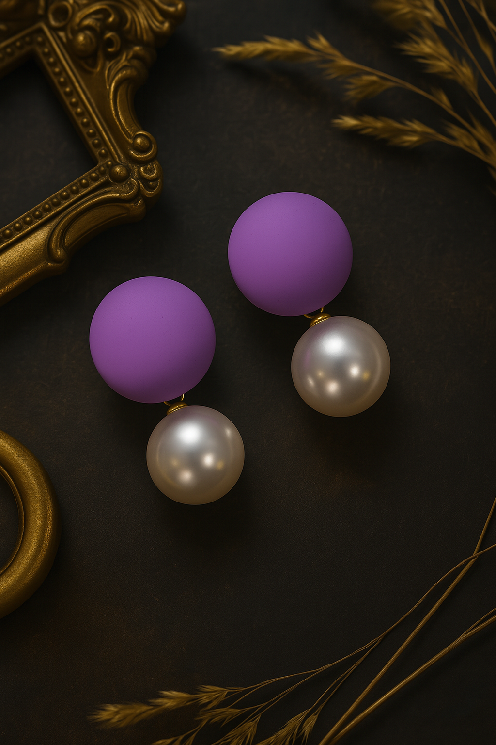 Matte purple stud earrings with white pearl drop – bold handcrafted statement jewelry for women