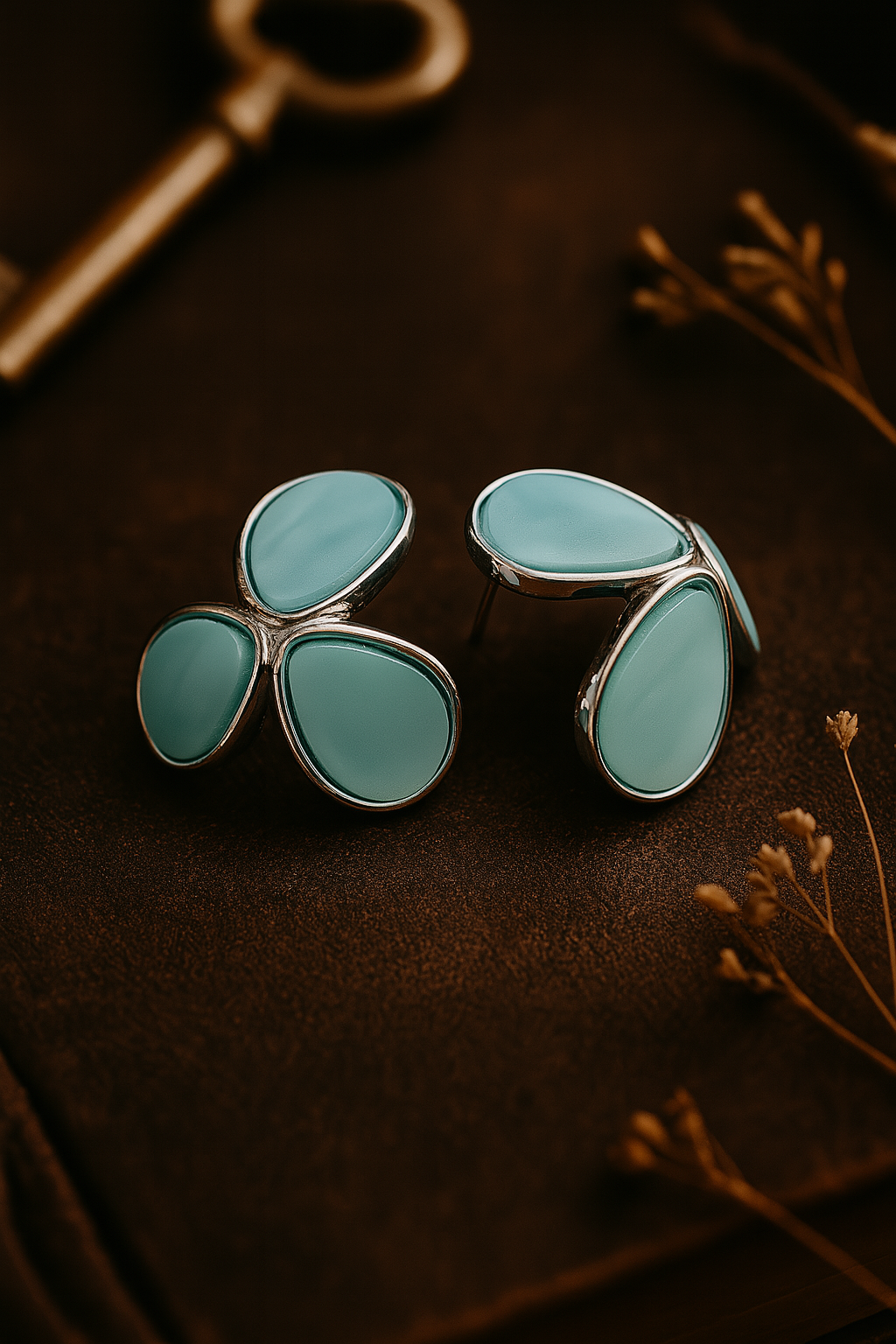 Modern anti-tarnish earrings for women featuring triple stone pattern in glossy aqua enamel finish