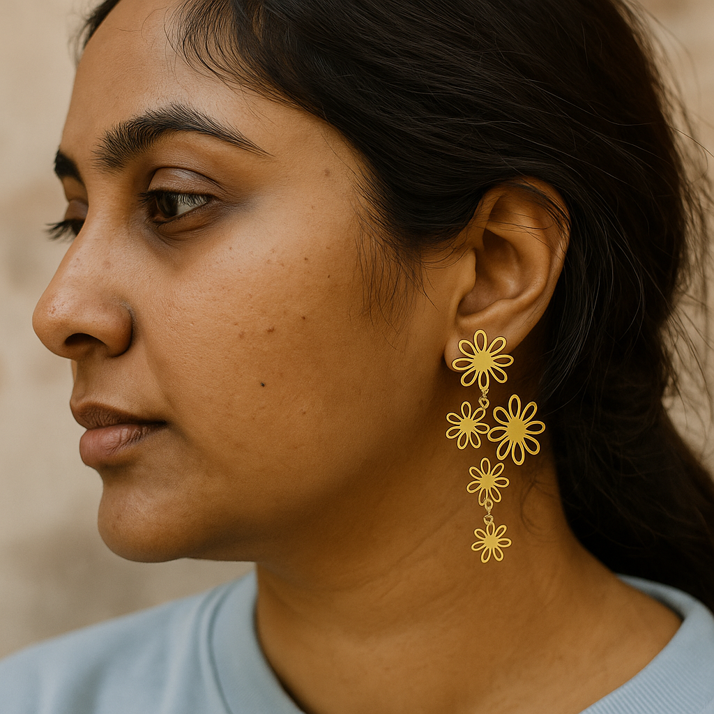 Modern multi-flower drop earrings in matte gold, statement accessory with playful blooming petal design