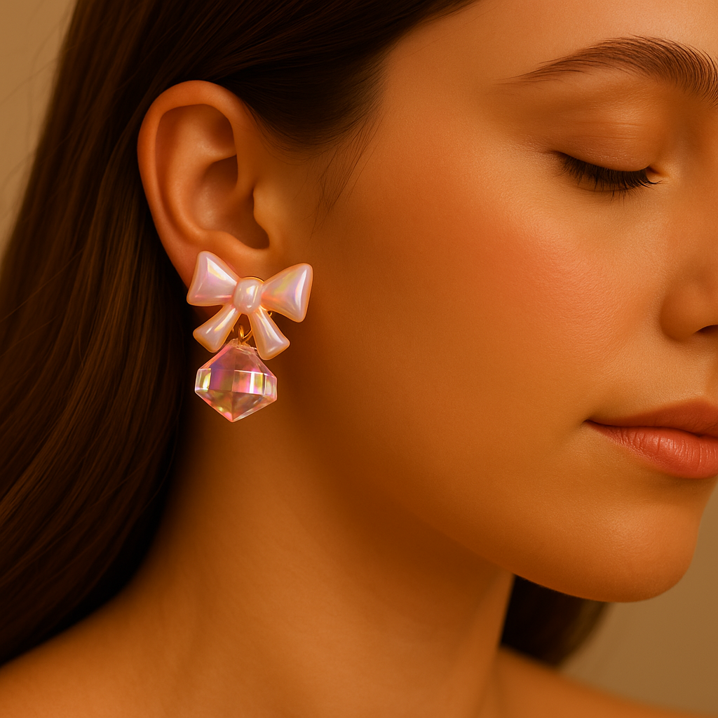 Pastel pink bow drop earrings with faceted rose quartz style gemstone for women