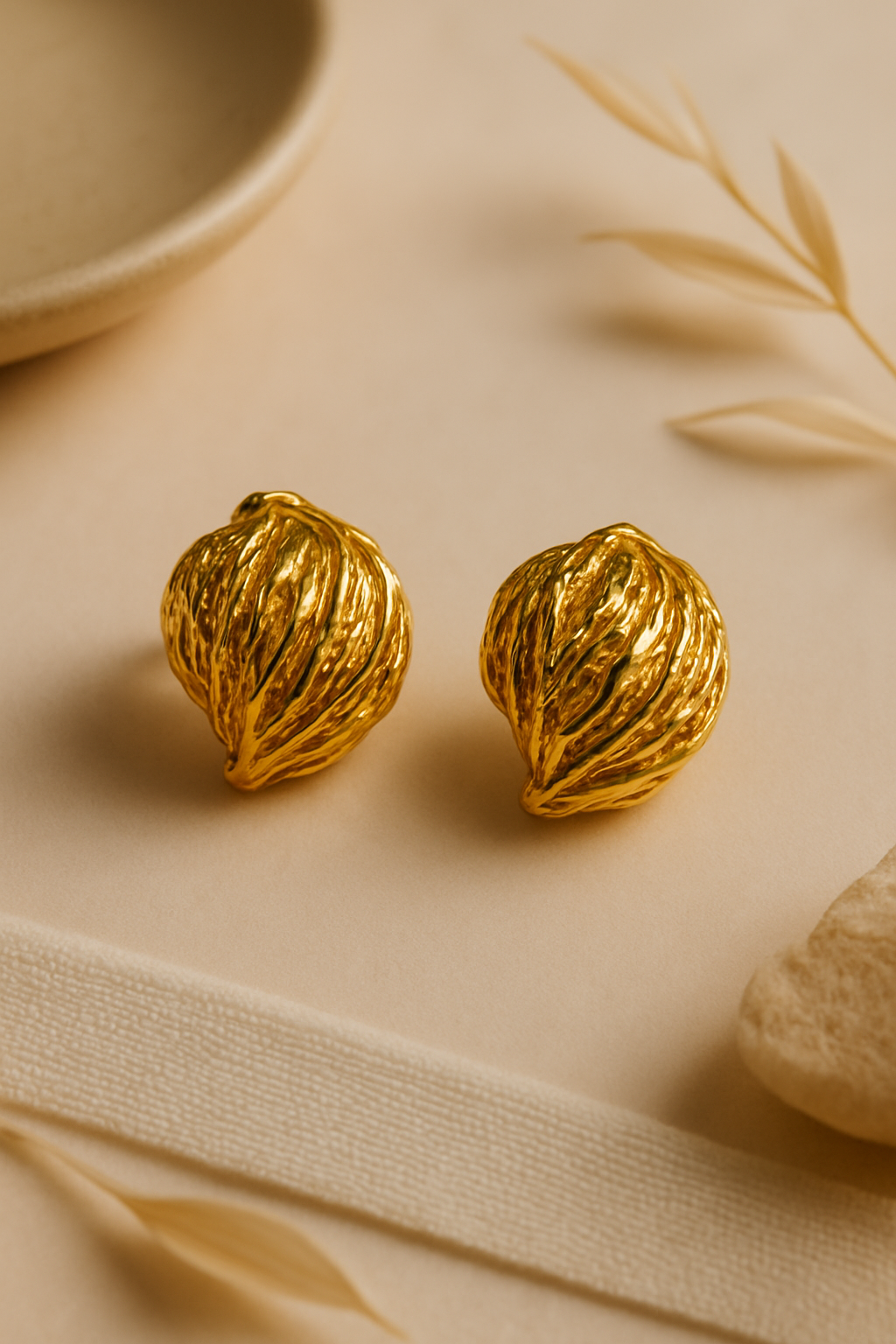 Polished Gold ridged round stud earrings, contemporary organic style accessories, unique gifts