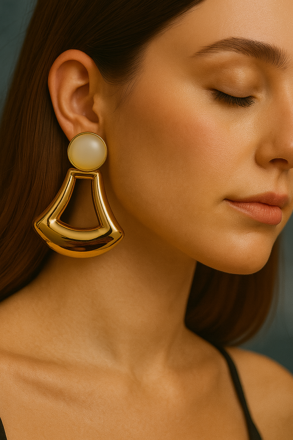 Bold gold tone trapezoid earrings with round white accent, contemporary statement earrings for women