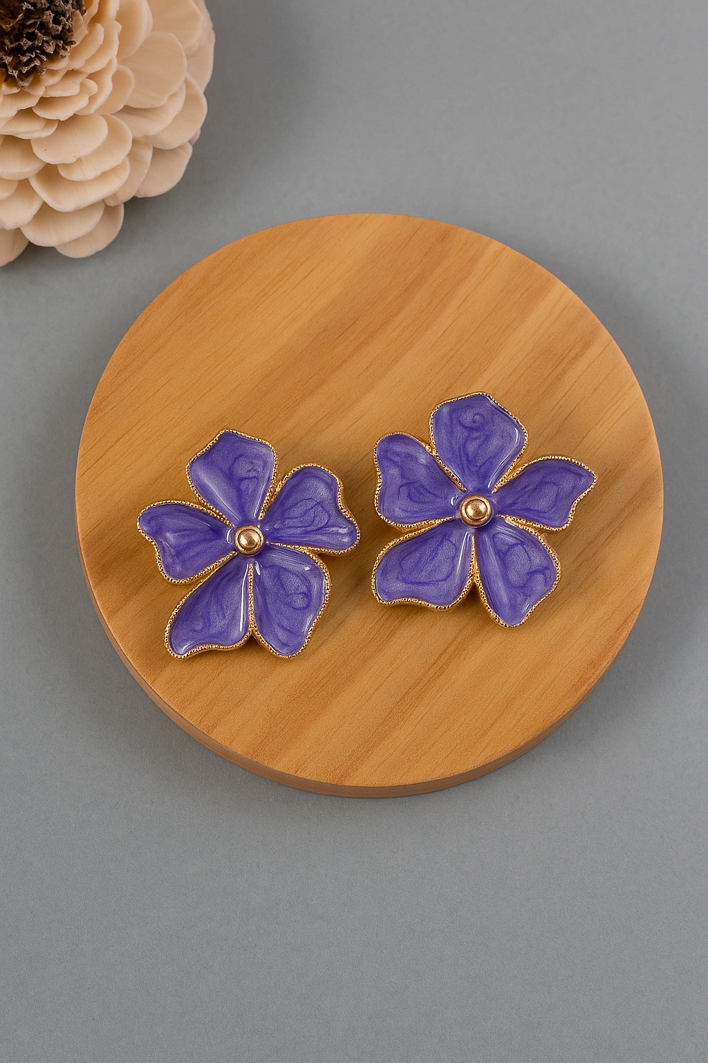 Purple Meenakari enamel 5 petal flower earrings with gold detailing – traditional handcrafted jewelry