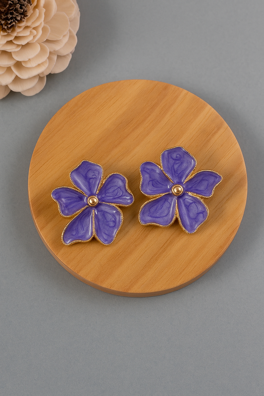 Purple Meenakari enamel 5 petal flower earrings with gold detailing – traditional handcrafted jewelry