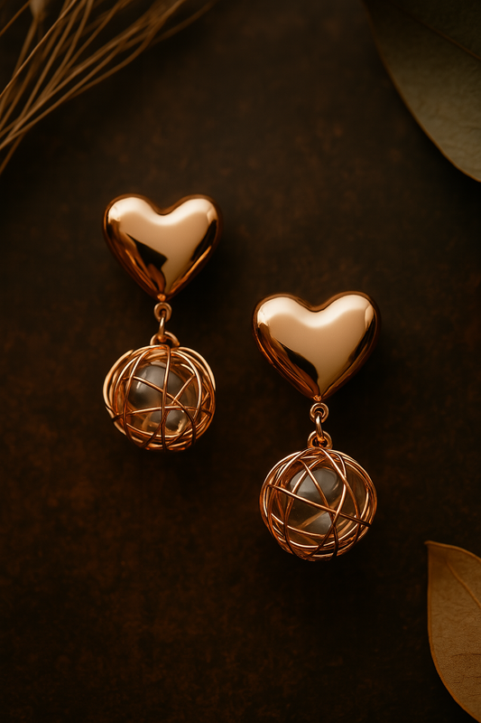 Rose gold heart drop earrings with wire-wrapped pearl sphere – elegant dangle earrings for women