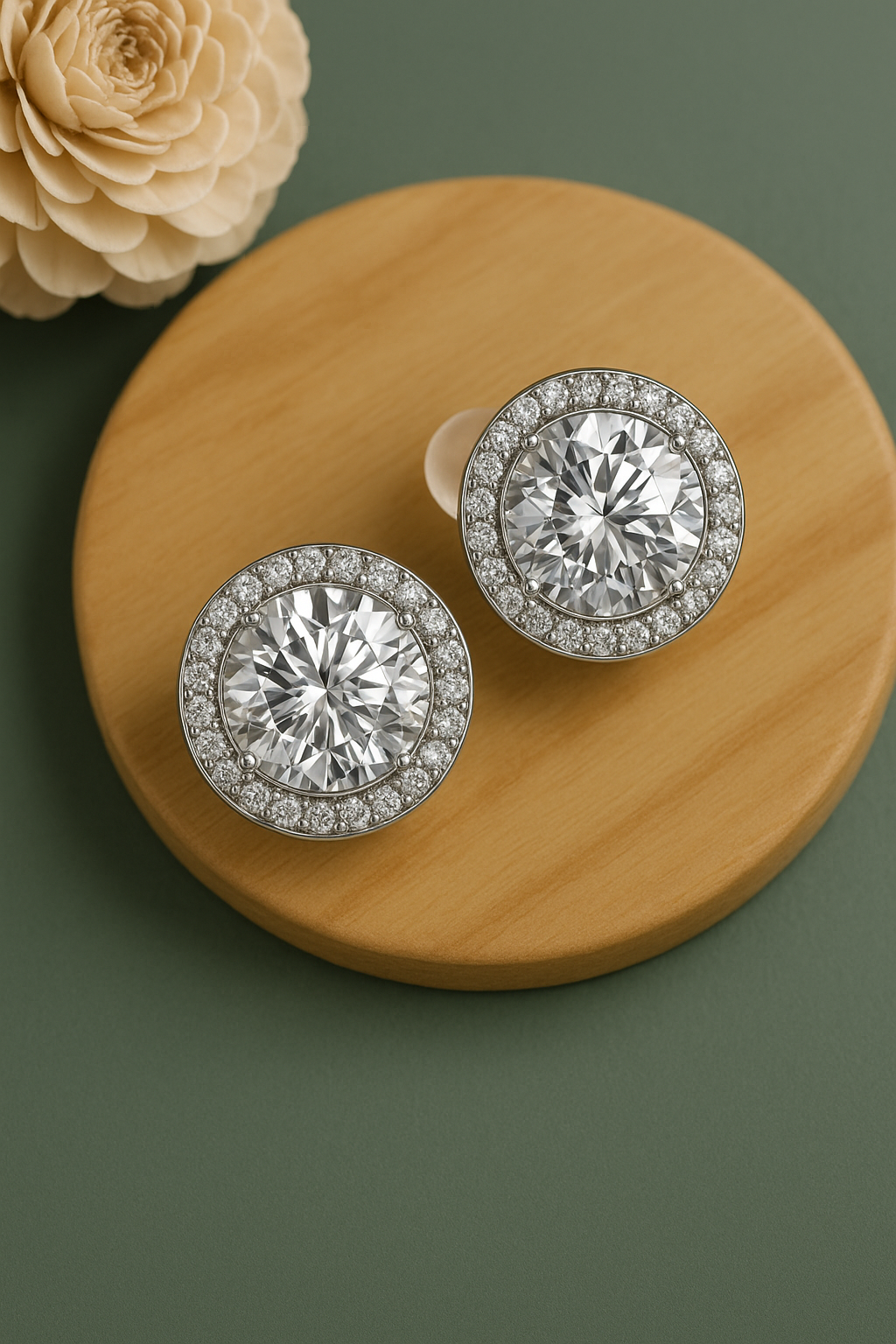 Round silver anti-tarnish stud earrings with large solitaire center and diamond halo – perfect for bridal and party wear