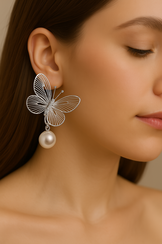 Silver butterfly earrings with pearls, women's dangle jewelry