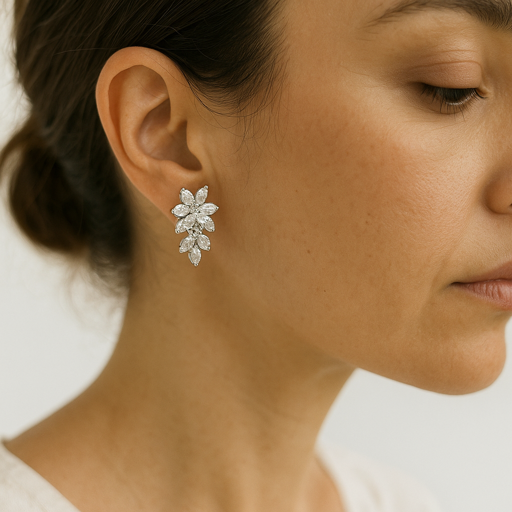 Silver floral anti-tarnish earrings with crystal stones – premium festive jewelry for women.